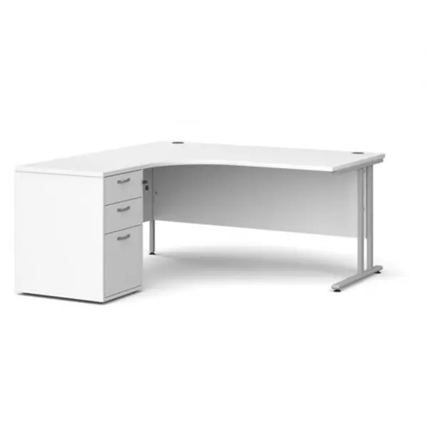Image of Office Desk Left Hand Corner Desk 1600mm With Pedestal White Top With Silver Frame Maestro 25