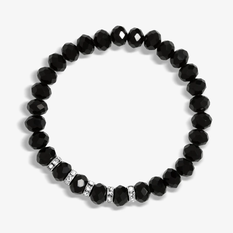 Image of Jon Richard Silver Plated Jet Faceted Bead And Crystal Stretch Bracelet Silver