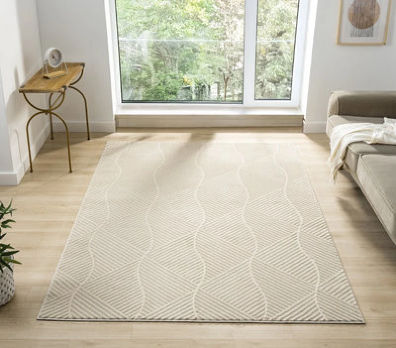 Image of Vellure Modern Indoor Living Room Area Rug Embossed Metallic Sheen Pyramid Design Cream 120X170 Cm