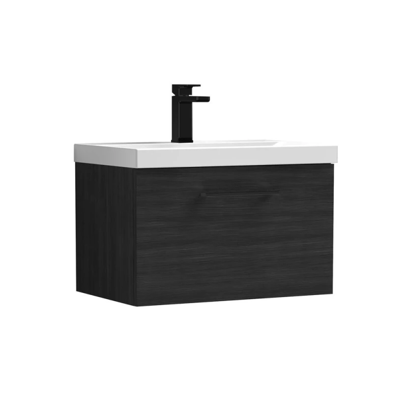 Image of Balterley 600mm Wall Hung 1 Drawer Vanity Unit, Woodgrain Black Handle Black Unisex
