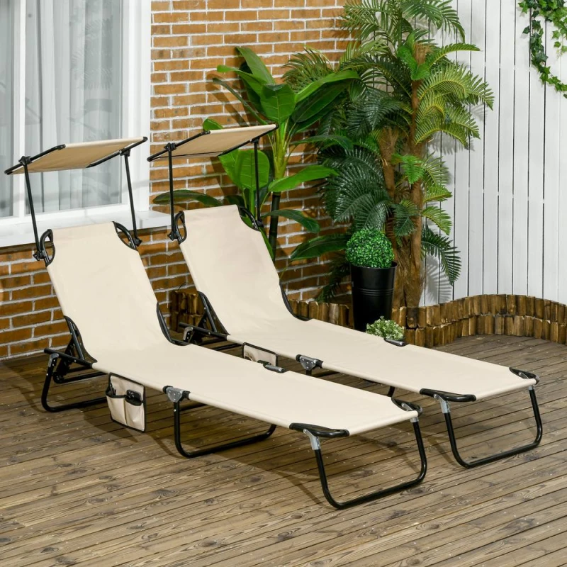 Image of Outsunny 2 Piece Folding Sun Loungers with Adjustable Backrest, Sunshade, Black Beige