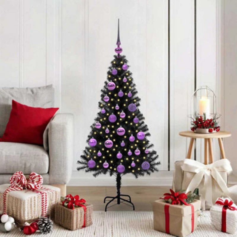 Image of vidaXL Christmas Tree with 150 LEDs, Lilac Balls with Stand Black 120cm PVC, Black 3396462