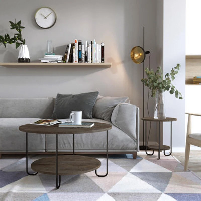 Image of FWStyle Scratch Resistant 2 Tier Coffee Table Dark Coffee Black Metal Frame Brown