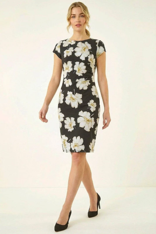 Image of Roman Womens Floral Gathered Shift Dress in Black Size: 20 Black Female 20