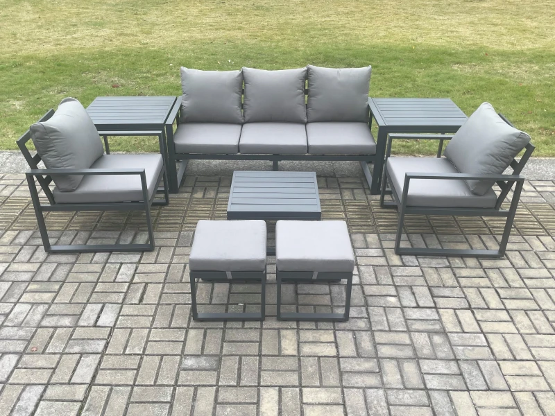 Image of Fimous Aluminium 7 Seater Outdoor Lounge Sofa Set Garden Furniture Sets with Square Coffee Table 2 Chairs 2 Small Footstools 2 Side Tables Dark Grey D