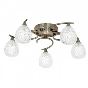 Image of 5 Light Semi Flush Multi Arm Ceiling Light Antique Brass, Glass, G9