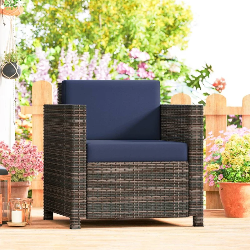 Image of OUTSUNNY Rattan Garden Armchair, Cushioned Single Rattan Chair, Brown/Blue in Navy Navy Unisex