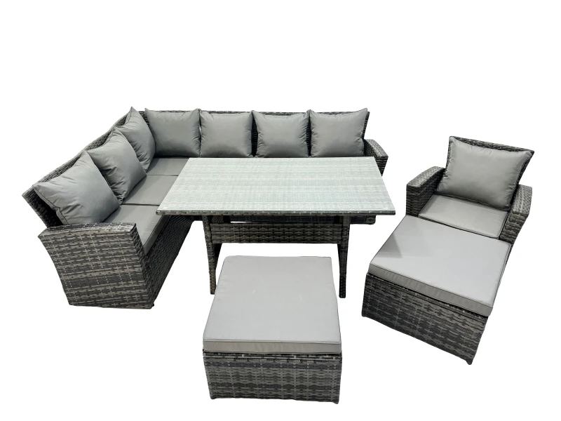 Image of Fimous 9 Seat Rattan High Back Corner Sofa Set with 2 Big Stools Chair in Dark Grey Dark Grey Unisex