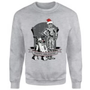 Image of Star Wars Happy Holidays Droids Grey Christmas Sweatshirt - S - Grey