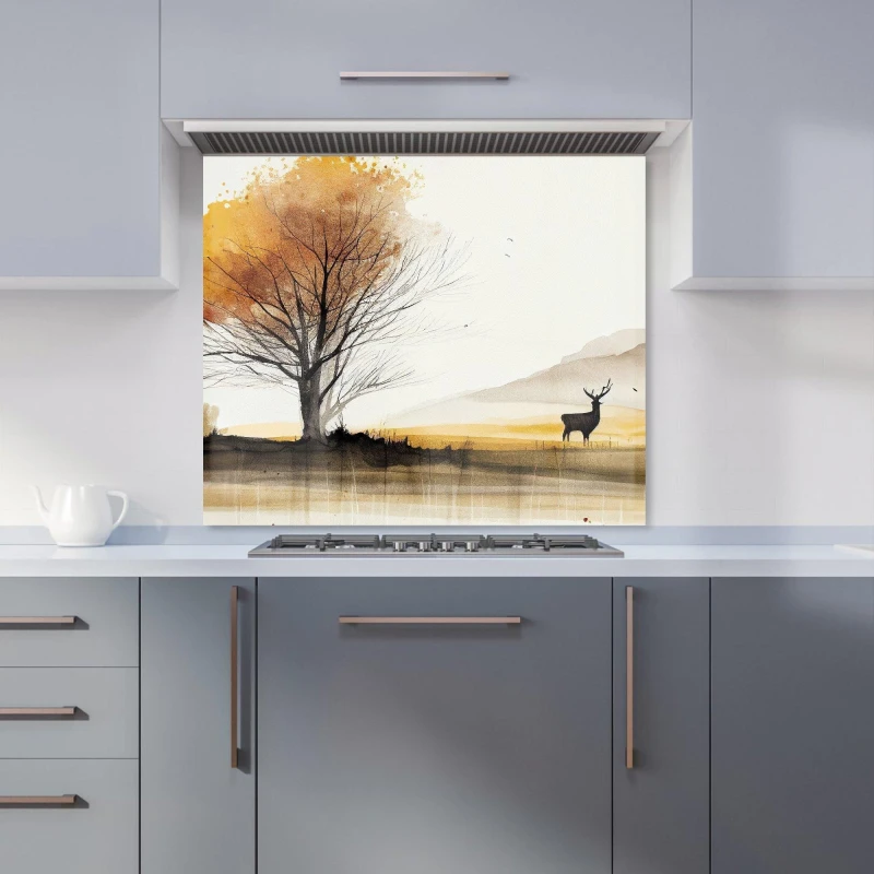 Image of Warren Reed - Designer Autumn Landscape Stag Watercolour Kitchen Splashback in Brown Size: 600mm x 750mm Brown Unisex 600mm x 750mm