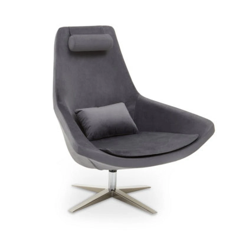 Image of Orsina Grey Curved Velvet Arm Chair With Lumbar Cushion And Headrest, Lounge Chair With Base For Home, Office