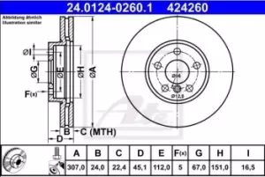Image of ATE Brake disc 24.0124-0260.1 Brake rotor,Brake discs BMW,MINI,X1 (F48),2 Active Tourer (F45),2 Gran Tourer (F46),X2 (F39),1 Schragheck (F40)