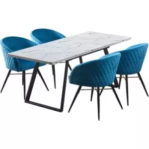 Image of 5 Pieces Life Interiors Vittorio Toga Dining Set - an Extendable White Rectangular Wooden Dining Table and Set of 4 Blue Dining Chairs - Blue