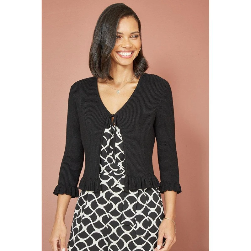 Image of Yumi Black Tie Up Ribbed Cardigan Black female L