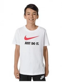 Image of Boys, Nike Sportswear Kids Just Do It Swoosh T-Shirt - White/Red Size M 10-12 Years