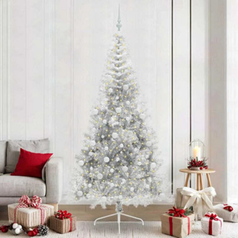 Image of vidaXL Artificial Pre-lit Christmas Tree with White Balls Silver 240cm PET, Silver 3397235