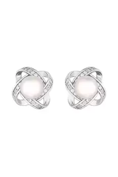 Image of Rhodium Plated Twist Halo Pearl Stud Earrings