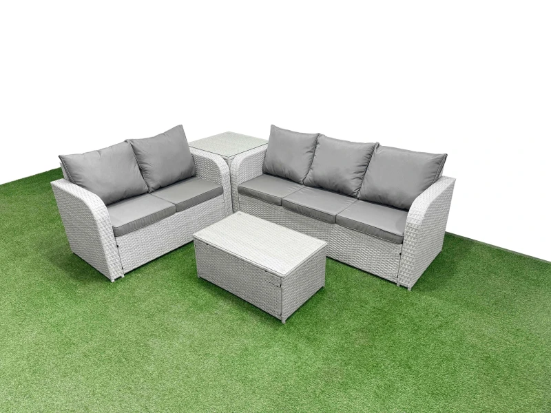 Image of Fimous 5 Seater PE Rattan Wicker Garden Furniture Patio Conservatory Sofa Set with Rectangular Coffee Table 3 Seater Sofa Love Sofa Side Table Light G
