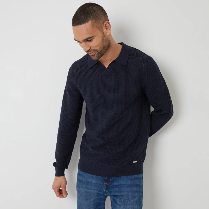 Image of Threadbare Textured Knitted Trophy Neck Long Sleeve Polo Navy male L