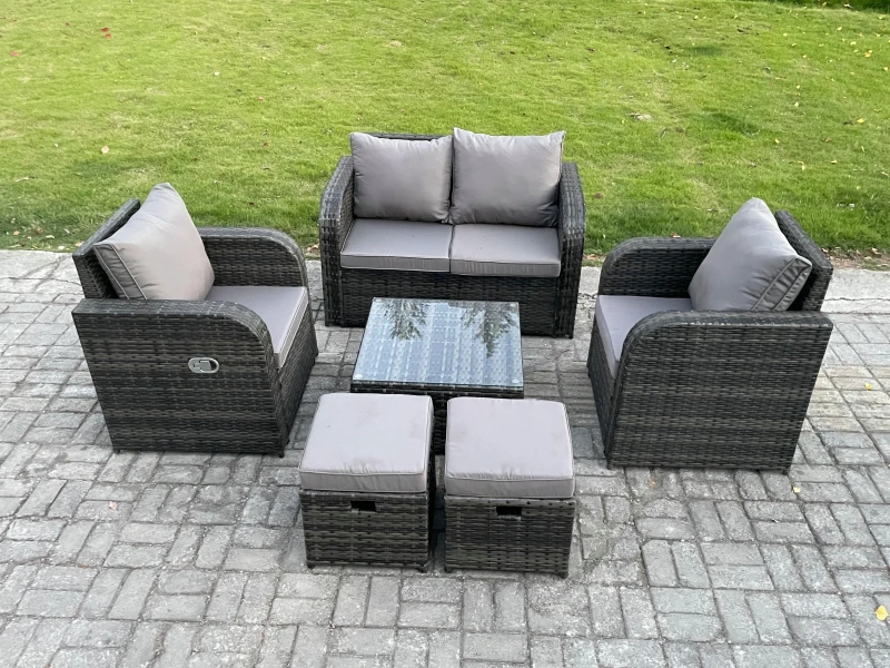 Image of Fimous Rattan Garden Furniture Set Patio Conservatory Indoor Outdoor 6 Piece Set with Love Sofa Square Coffee Table Dark Grey