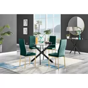 Image of Furniture Box Novara Black Leg 120Cm Round Glass Dining Table and 4 Green Velvet Milan Gold Leg Chairs