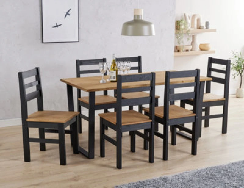 Image of Core Products Texas Antique Waxed Pine 150Cm Rectangular Dining Table With 6 Black Pine Chairs