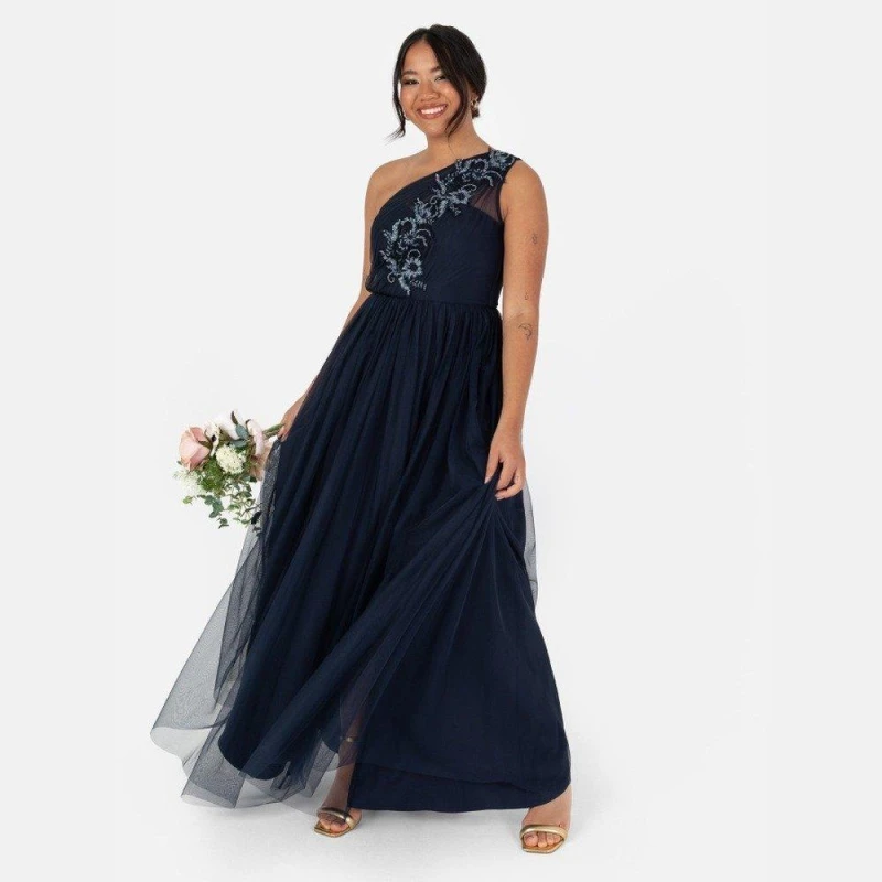 Image of Maya Deluxe Maya Navy Bridesmaid Embellished One Shoulder Maxi Dress Navy female 14 (L)