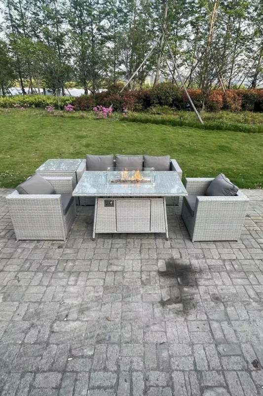 Image of Fimous Corner Rattan Garden Furniture Set Gas Fire Pit Dining Set Heater Lounge Sofa SideTable Light Grey
