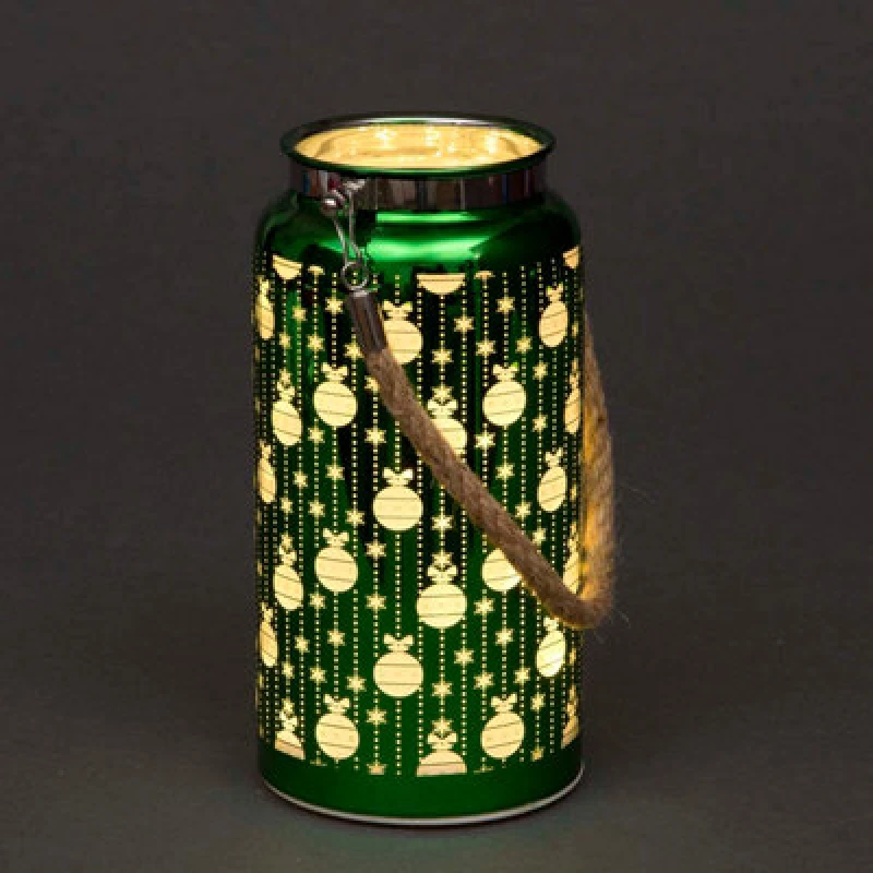 Image of Shatchi 20cm Christmas Decorated Jar Table Baubles Design Green Lantern Green