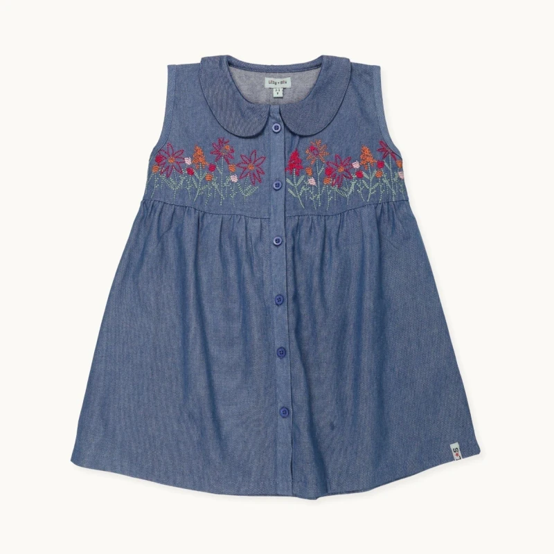 Image of Lilly + Sid Floral Embroidered Chambray Collar Dress Blue female