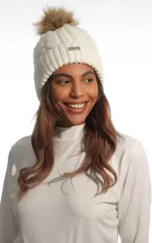 Image of Faux Fur Pom Pom Cable Knit Beanie Hat