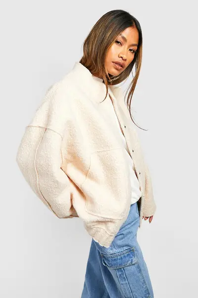 Image of boohoo Oversized Wool Bomber Jacket Cream