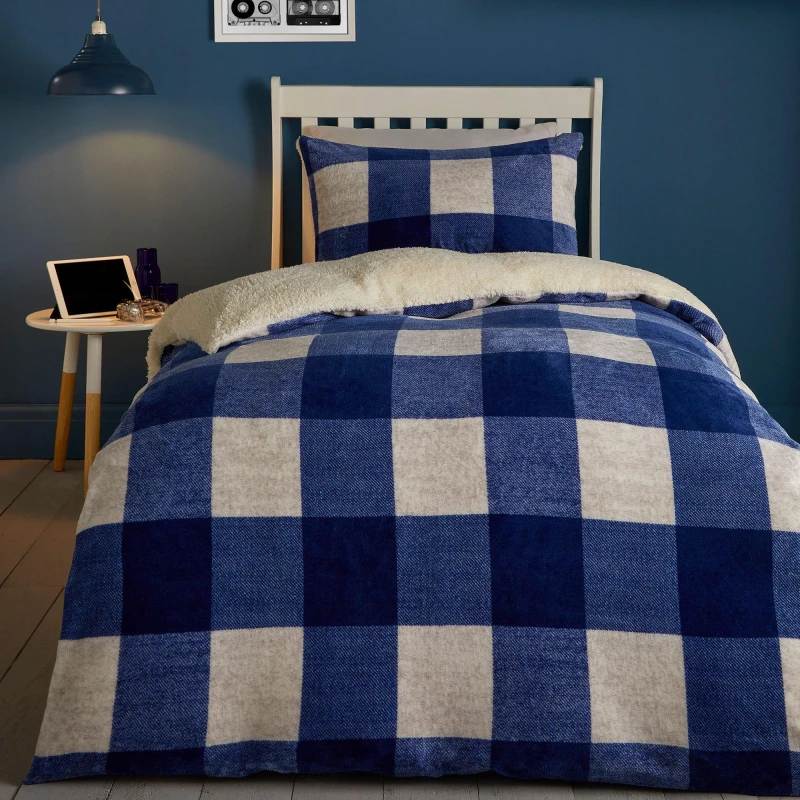 Image of Bedlam Cosy Oversize Gingham Check Duvet Cover Set - Blue Duvet Cover Sets Single Blue 39018018010