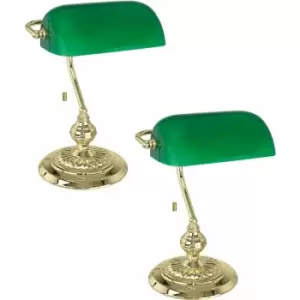 Image of 2 pack Table Lamp Colour Brass Shade Green Glass Painted Pull Switch E27 1x60W