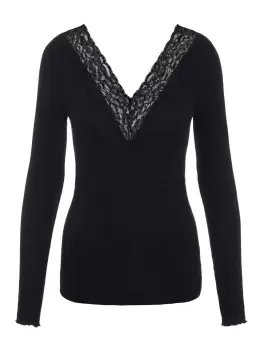 Image of PIECES Lace Trim V-neck Top Women Black
