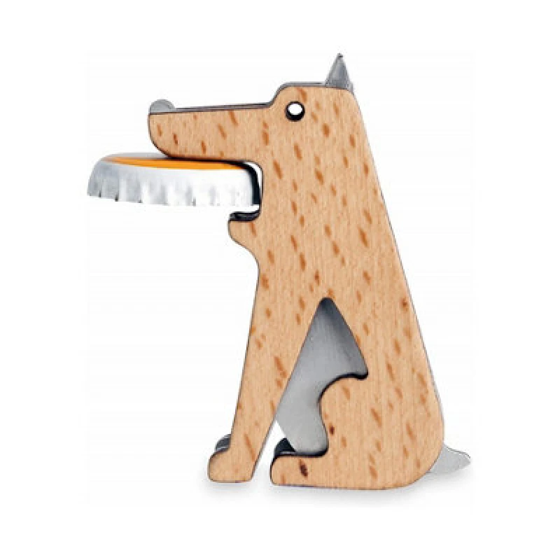 Image of Kikkerland Fetch Dog Shaped Steel & Beechwood Bottle Opener