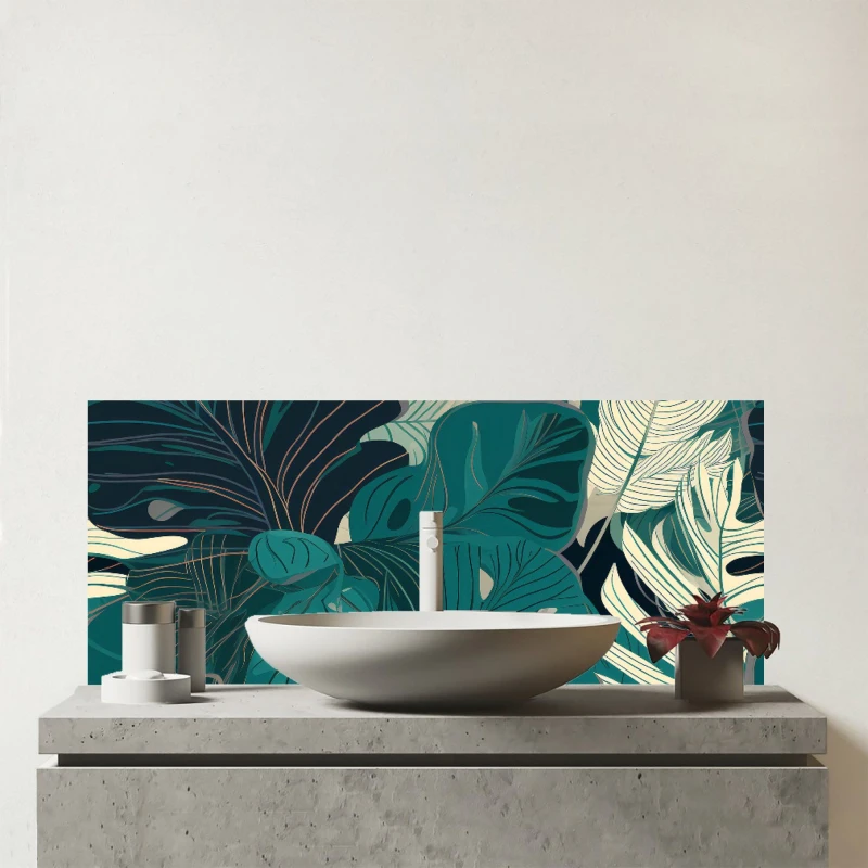 Image of Warren Reed - Designer Tropical Green Leaves Glass Bathroom Splashback Green Unisex