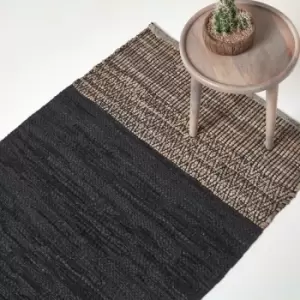 Image of HOMESCAPES Black Recycled Leather Handwoven Herringbone Rug, 120 x 180cm - Black