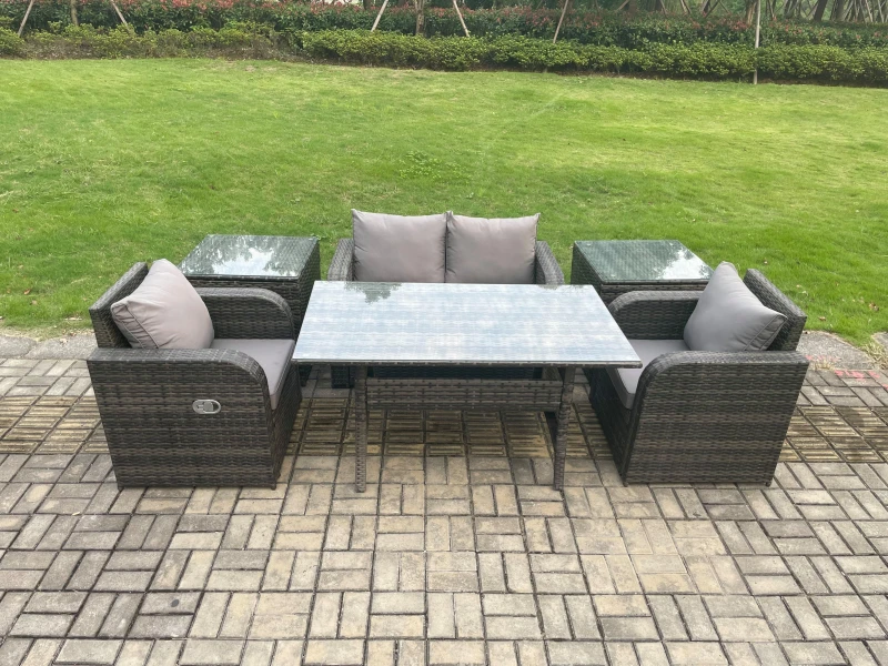 Image of Fimous Outdoor Rattan Garden Furniture Lounge Sofa Set With Oblong Rectangular Dining Table 2 PC Side Tables in Dark Grey Dark Grey Unisex