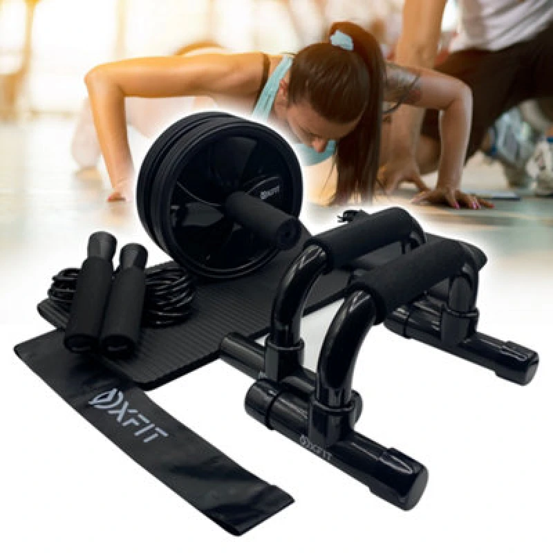 Image of Rexco Oxfit Fitness 4in1 Gym Equipment Kit Ab Roller Wheel Push Up Bars Set Black unisex