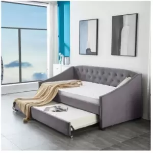 Image of Kosy Koala - Velvet Grey Daybed 3FT Single Sofa Bed With Underbed Trundle Living Room Bedroom Furniture - With 2 Mattresses