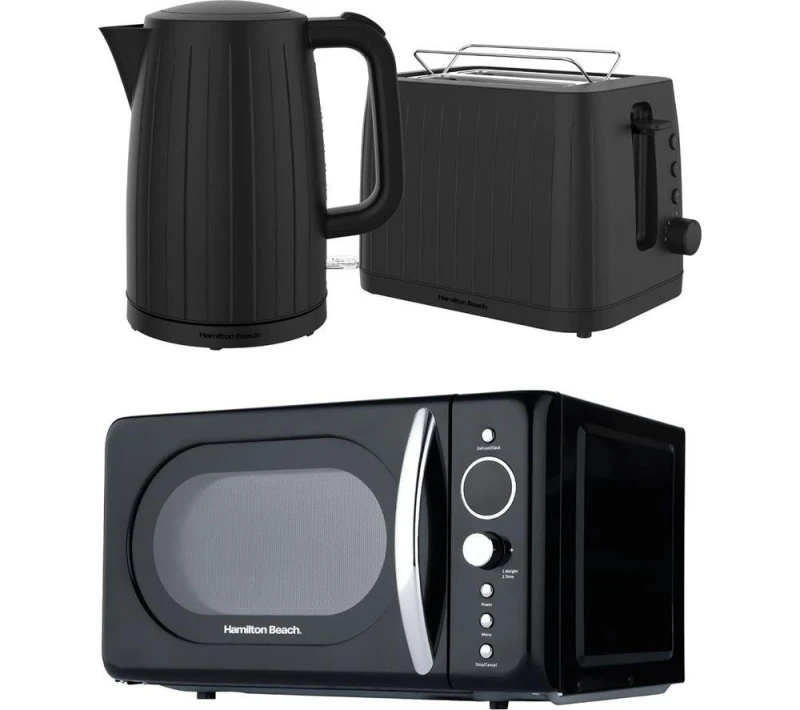 Image of HAMILTON BEACH FlexiControl Jug Kettle, 2-Slice Toaster & Solo Microwave Bundle - Black 5060916373167