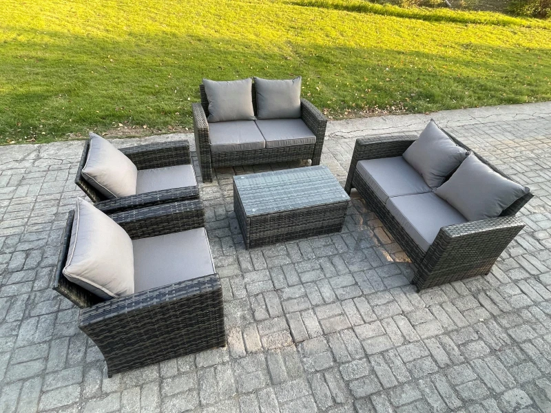 Image of Fimous Garden Furniture Sets 5 Pieces Outdoor Rattan Furniture Manual Wicker Patio Sofa Chair Set with Coffee Table in Dark Grey Dark Grey Unisex