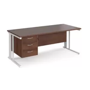 Image of Office Desk Rectangular Desk 1800mm With Pedestal Walnut Top With White Frame 800mm Depth Maestro 25 MCM18P3WHW