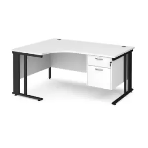 Image of Office Desk Left Hand Corner Desk 1600mm With Pedestal White Top With Black Frame 1200mm Depth Maestro 25 MCM16ELP2KWH