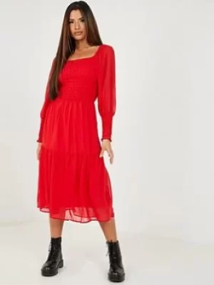 Image of Quiz Chiffon Shirred Tiered Midi Dress, Dark Red, Size 8, Women