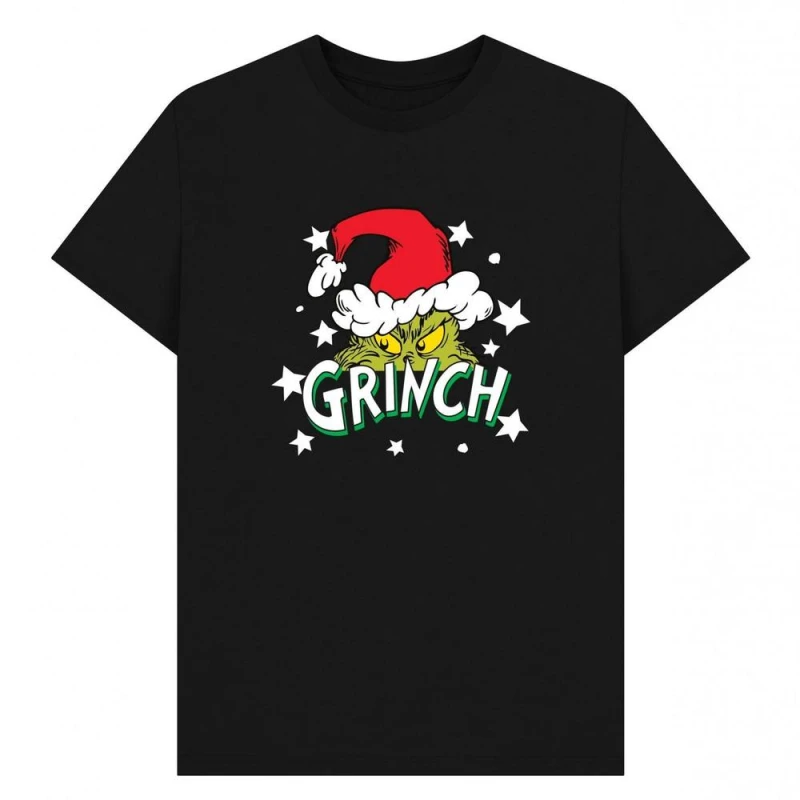 Image of The Grinch Mens Santa Hat Stars T-Shirt in Black Size: Small Black Male S