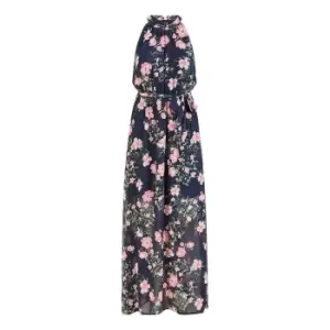 Image of Mela London Navy Floral Print Halter Neck Maxi Dress - Blue