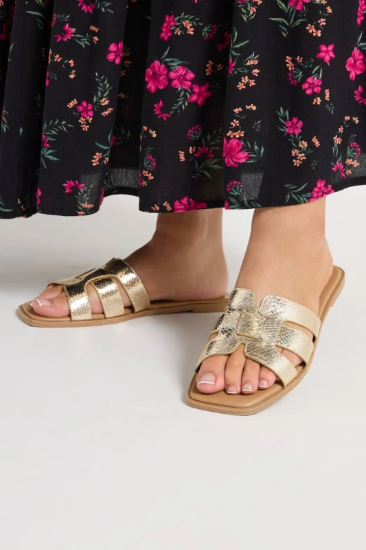 Image of Yours Womens Mule Sandals In Wide E Fit in Gold Size: 7EEE Gold Female 7EEE