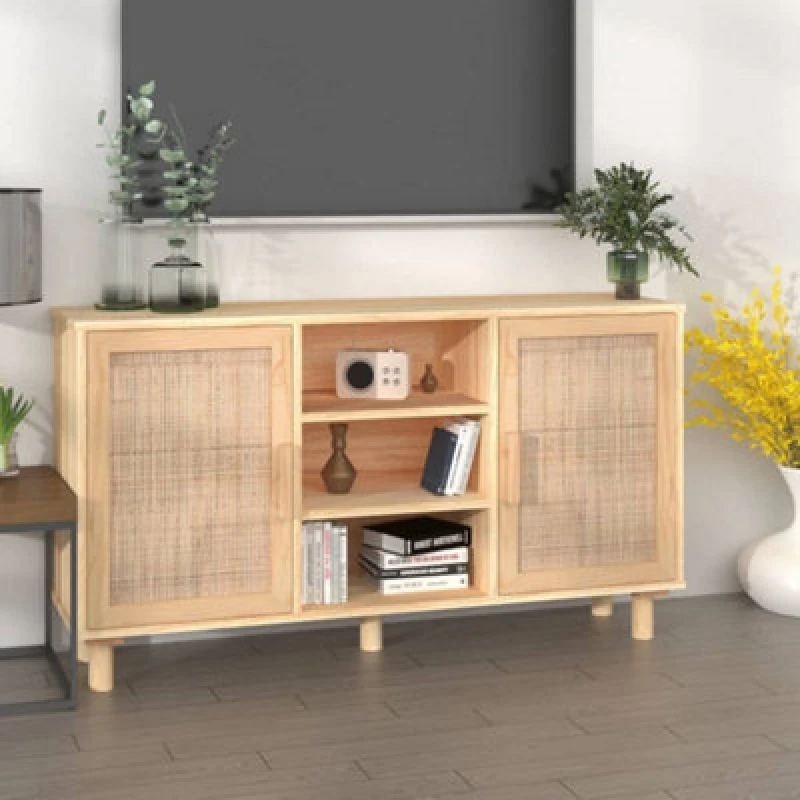 Image of Vidaxl Sideboard Brown 105X30X60 Cm Solid Wood Pine And Natural Rattan